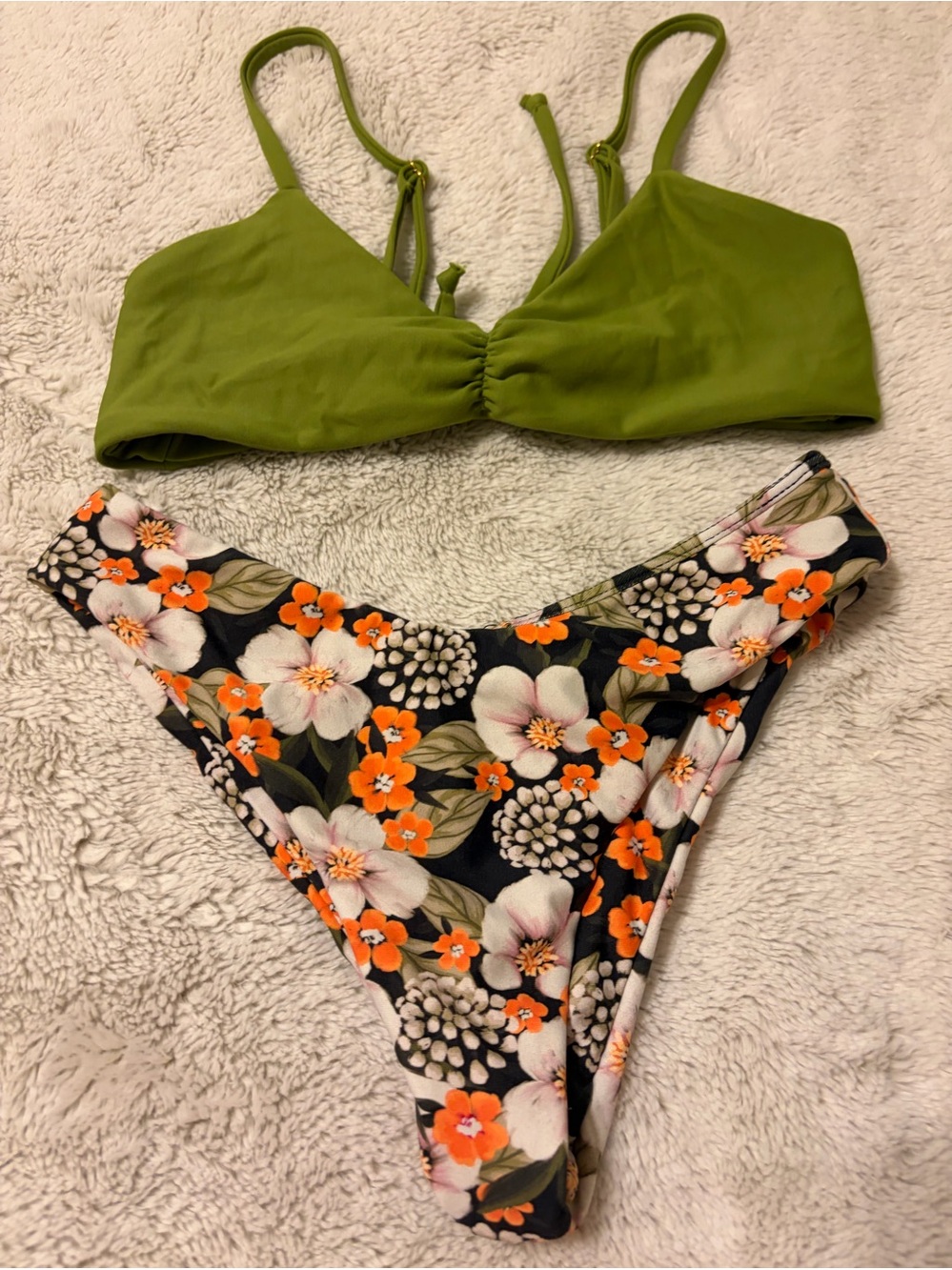 Midori swim set Green Bikini Top with Black Floral High-Cut Bottoms sz small euc